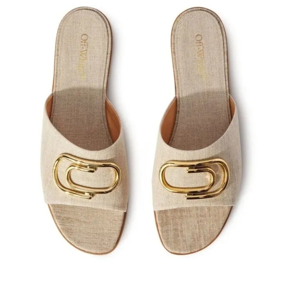 Linen - Off-White Beige Sandals with Gold Accent